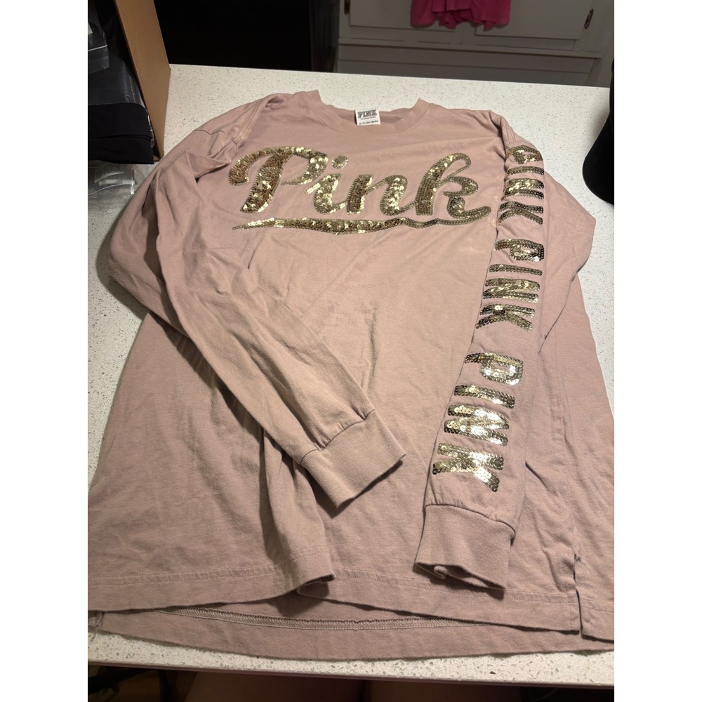 Victoria's Secret PINK Long Sleeve Sequin Graphic Tee Mauve Gold XS 359520-L14